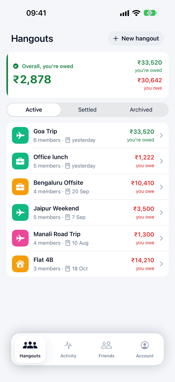 Spluno home screen on iPhone listing hangouts and balances