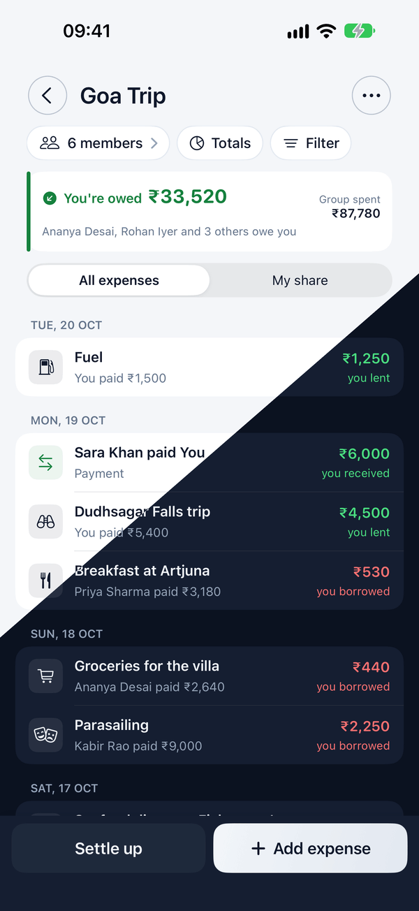 Spluno&rsquo;s Goa Trip hangout split diagonally, the light theme at the top left and the dark theme at the bottom right