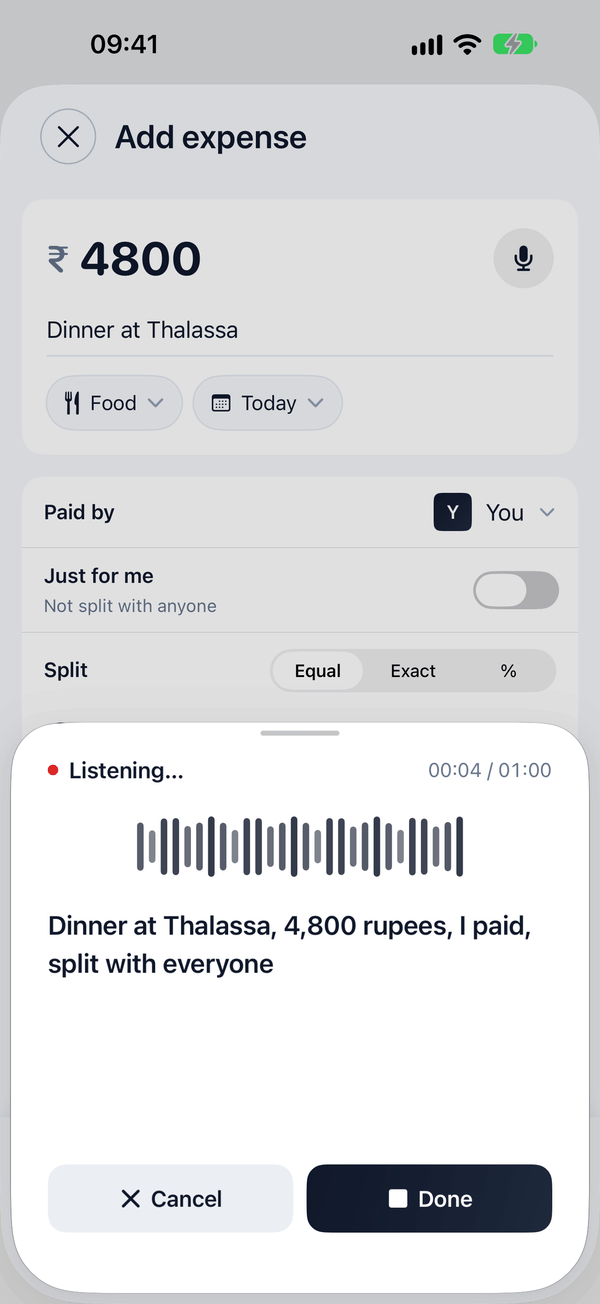 Spluno voice entry listening and transcribing: Dinner at Thalassa, 4,800 rupees, I paid, split with everyone