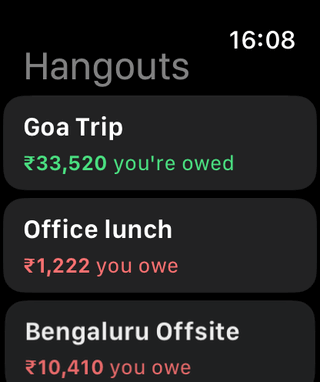 Spluno on Apple Watch listing hangouts: Goa Trip, 33,520 rupees you’re owed; Office lunch, 1,222 rupees you owe; Bengaluru Offsite, 10,410 rupees you owe
