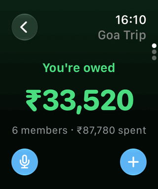 Spluno on Apple Watch showing Goa Trip: you’re owed 33,520 rupees, 6 members and 87,780 rupees spent, with buttons to add an expense by voice or by hand